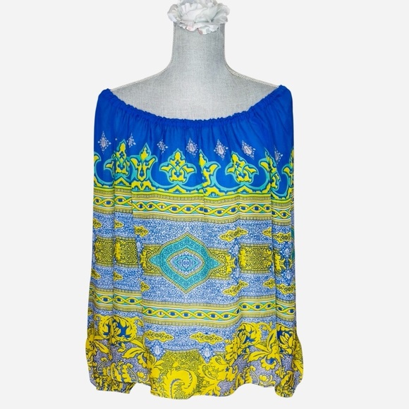 Hale Bob 100% Silk, Oversized Blue & Yellow Patterned Blouse, On/Off Shoulder S - Picture 2 of 11